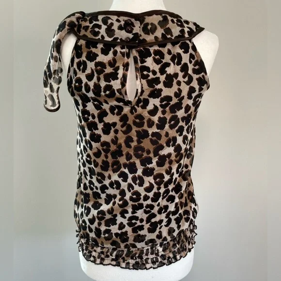 Leopard Print Ruffle Sheer Blouse Sleeveless High Neck Bow Animal Print — Size S - Picture 4 of 14